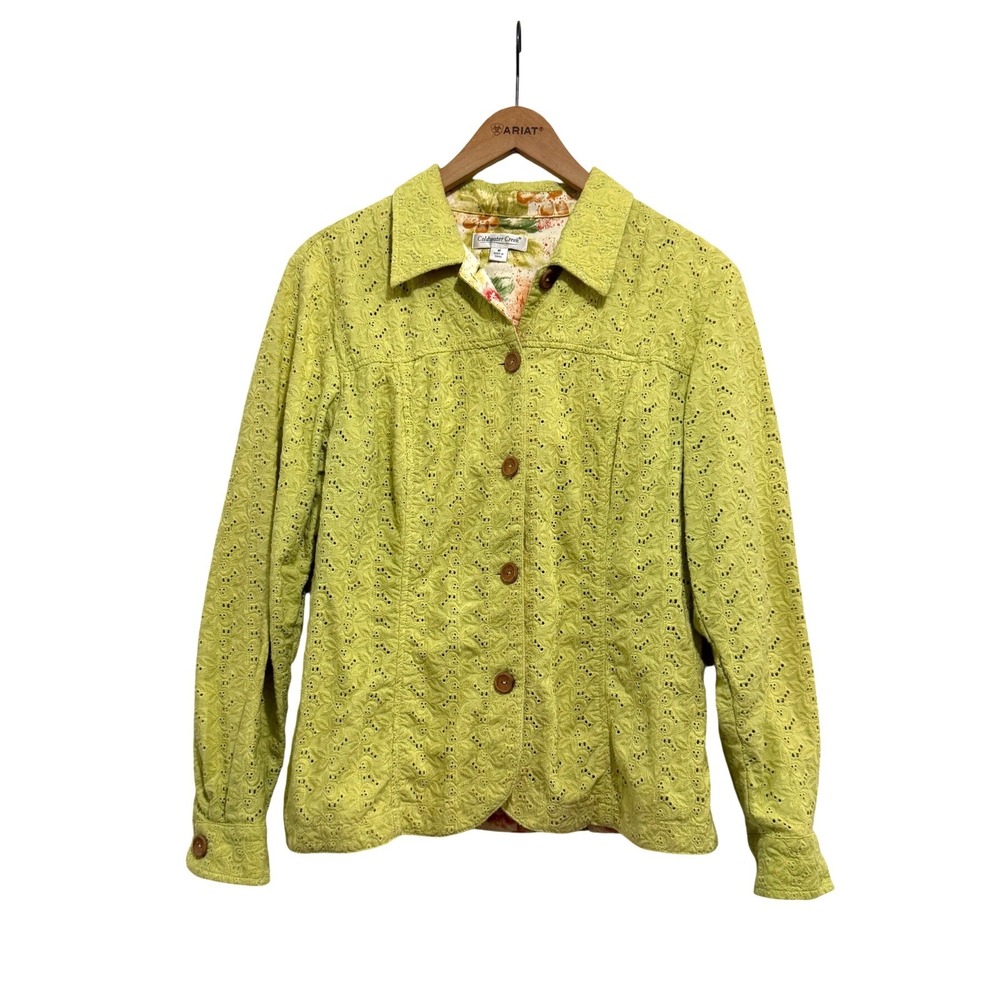 Coldwater Creek Women's Lime Green Eyelet Floral Lined Cotton Jacket Size M